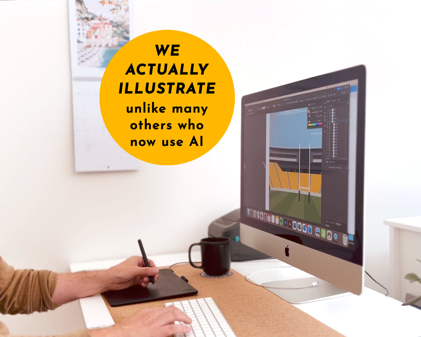 Person using a computer with a graphic tablet, text overlay about illustration services.