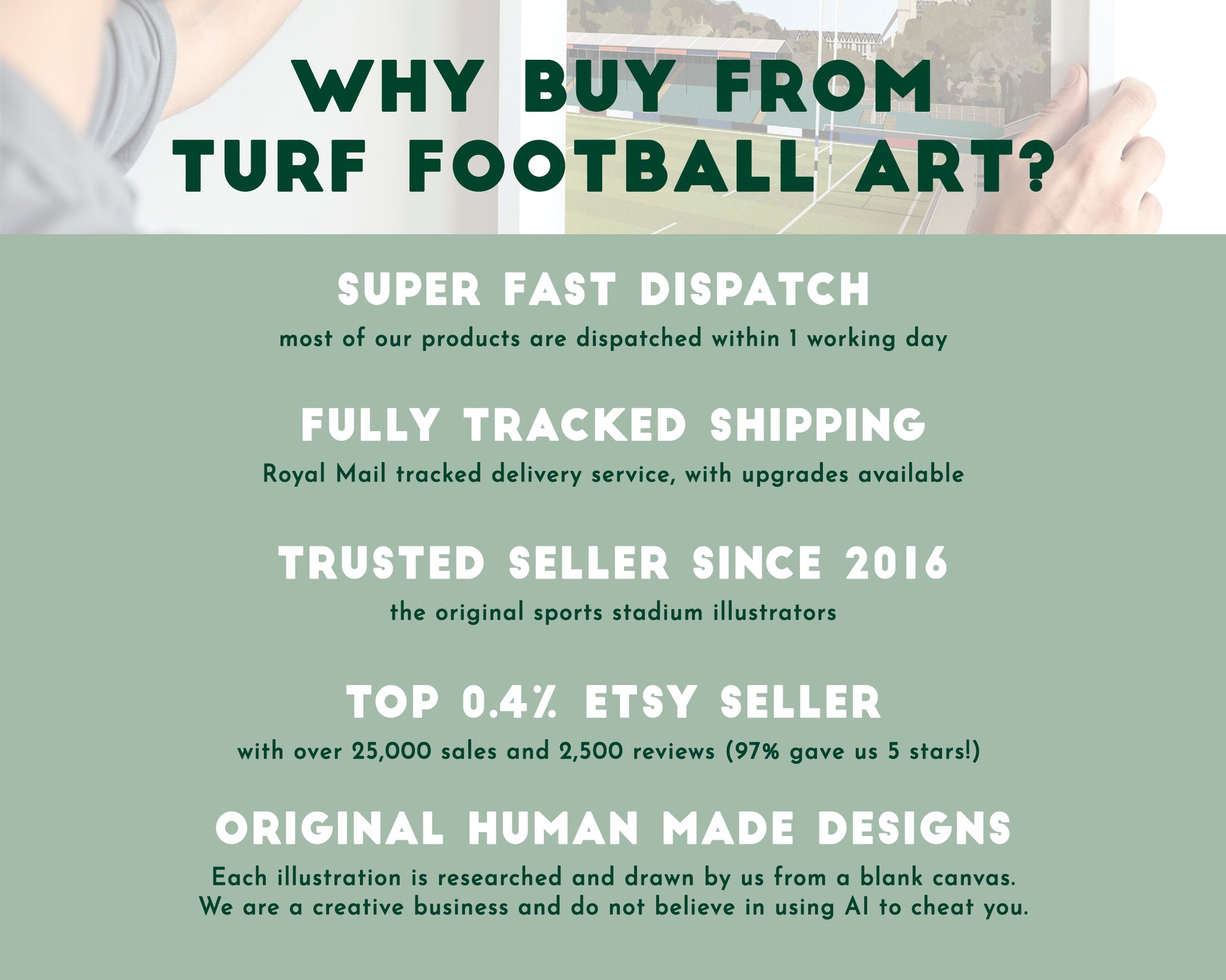 Promotional text about turf football art listing reasons to buy from the store.
