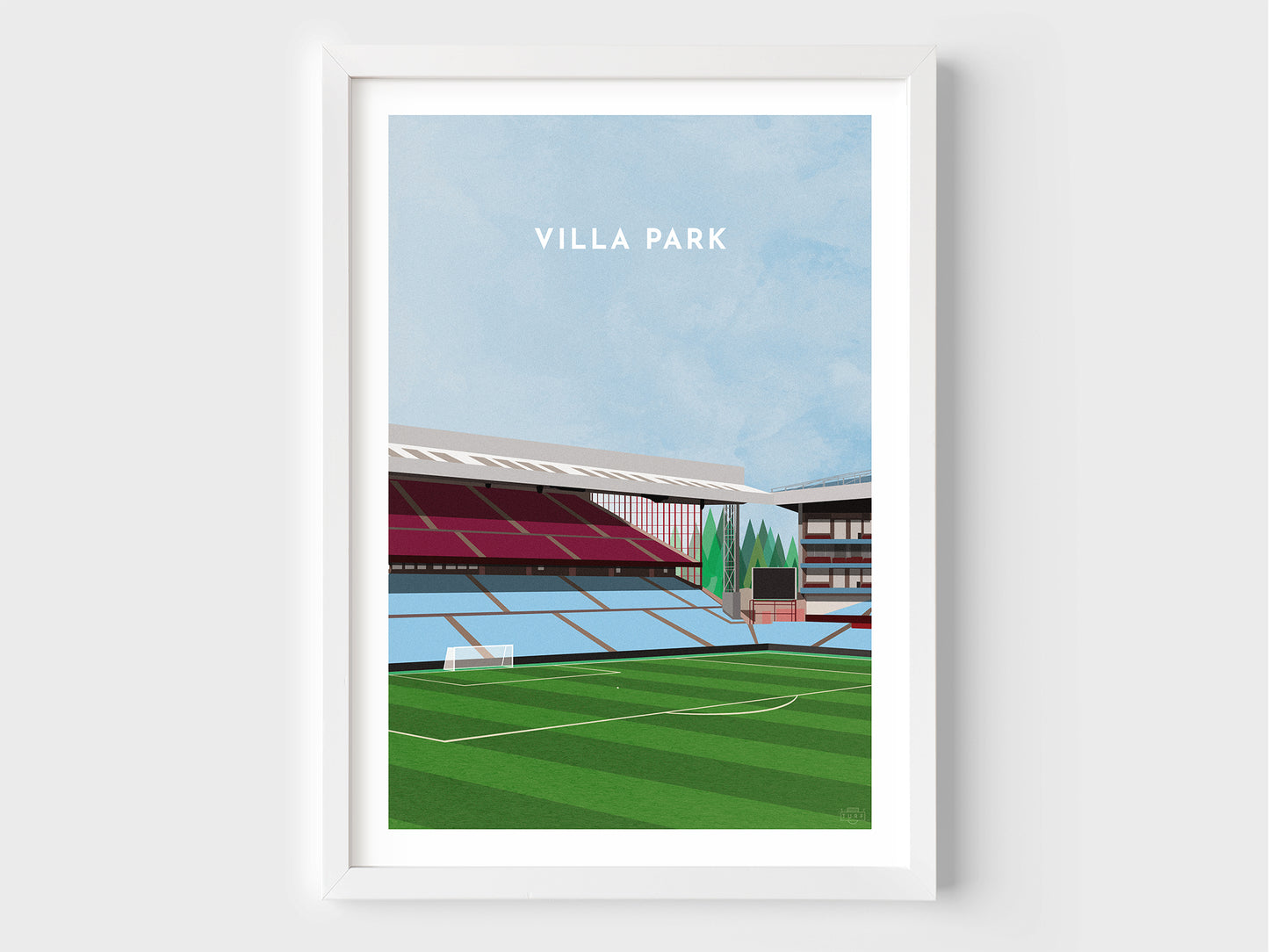 A contemporary style illustration of Aston Villa's football stadium, Villa Park, displayed as an art print within a white frame.