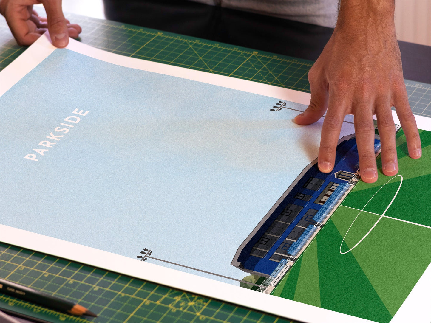 A photo in our printing studio, of one of our illustrated art prints of Parkside after it has been printed and is about to be packaged.