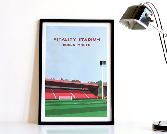 A modern style Bournemouth Print, featuring a contemporary illustration of their home stadium the Vitality Stadium in Bournemouth, displayed within a black frame.