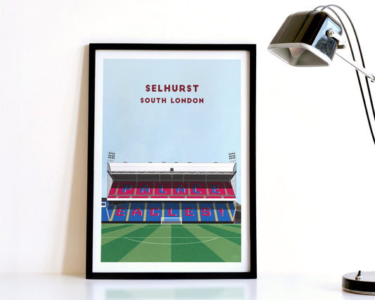A modern style Crystal Palace Print, featuring a contemporary illustration of their home stadium Selhurst Park in South London, displayed within a black frame.