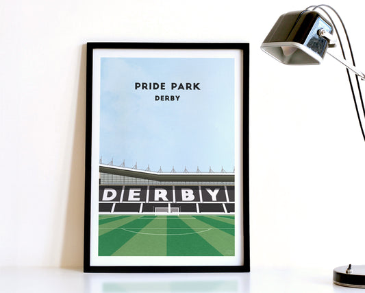 A modern style Derby County Print, featuring a contemporary illustration of their home stadium Pride Park in Derby, displayed within a black frame.