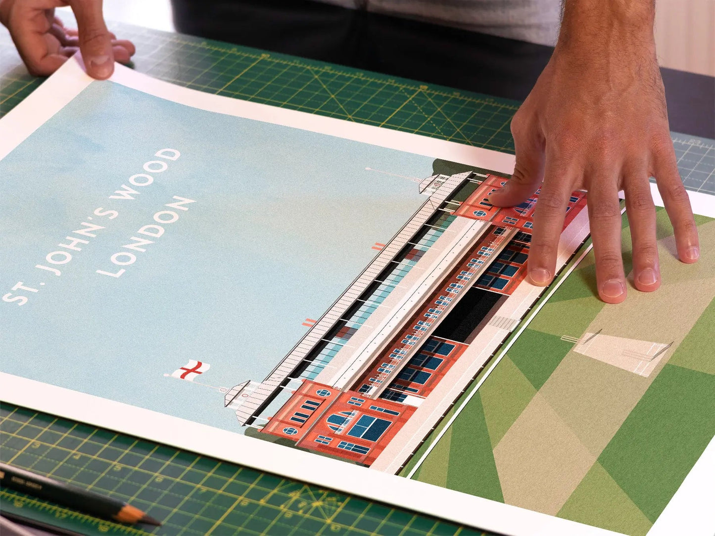 A photo in our printing studio, of one of our illustrated art prints of Lord's after it has been printed and is about to be packaged.