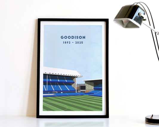 A modern style Everton Print, featuring a contemporary illustration of their former home stadium Goodison Park in Liverpool, displayed within a black frame.