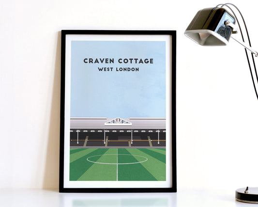 A modern style Fulham Print, featuring a contemporary illustration of their home stadium the Craven Cottage in West London, displayed within a black frame.
