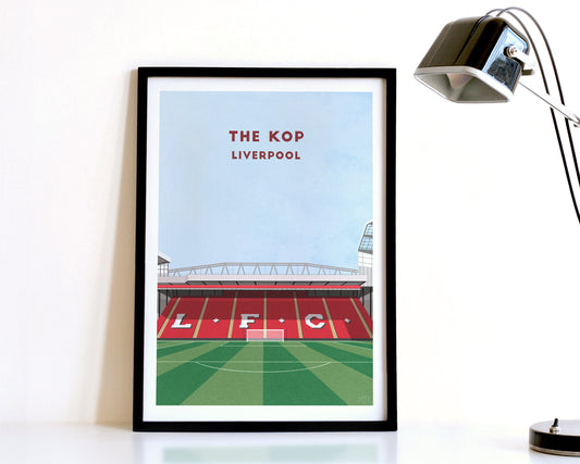 A modern style Liverpool Print, featuring a contemporary illustration of their home stadium the Anfield in Liverpool, displayed within a black frame.