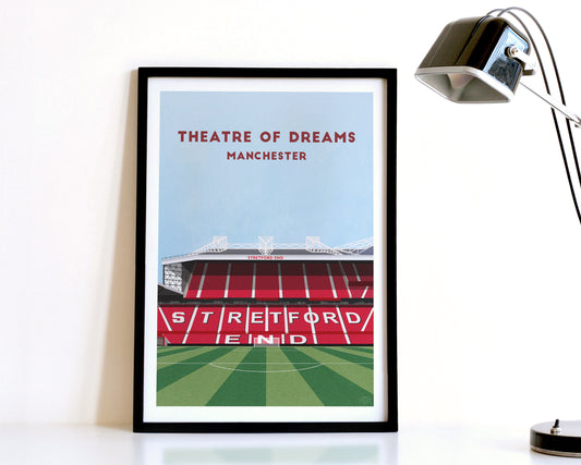 A modern style Manchester United Print, featuring a contemporary illustration of their home stadium the Old Trafford in Manchester, displayed within a black frame.