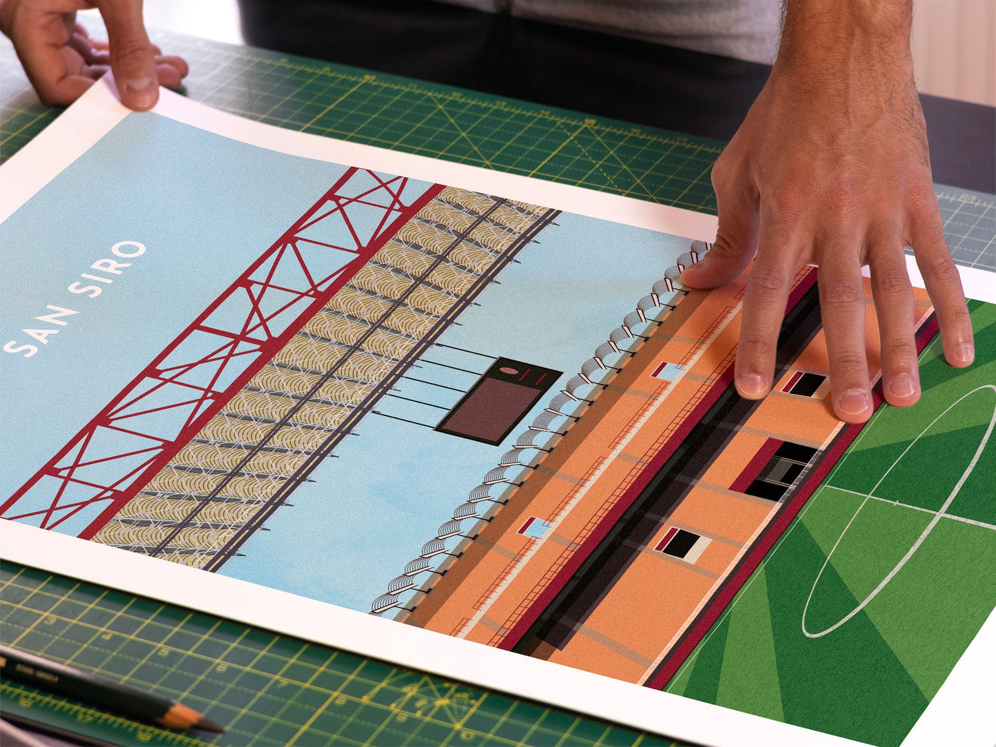 A photo in our printing studio, of one of our illustrated art prints of the San Siro after it has been printed and is about to be packaged.