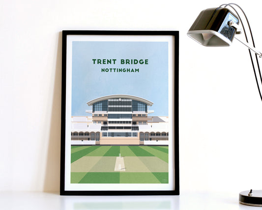 A modern style Nottinghamshire County Cricket Print, featuring a contemporary illustration of their home stadium the Trent Bridge in Nottingham, displayed within a black frame.