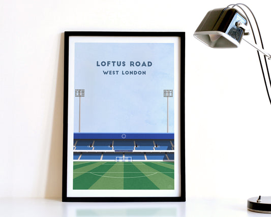 A modern style QPR Print, featuring a contemporary illustration of their home stadium the Loftus Road Stadium in West London, displayed within a black frame.