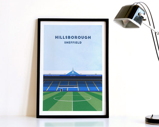 A modern style Sheffield Wednesday Print, featuring a contemporary illustration of their home stadium the Hillsborough in Sheffield, displayed within a black frame.