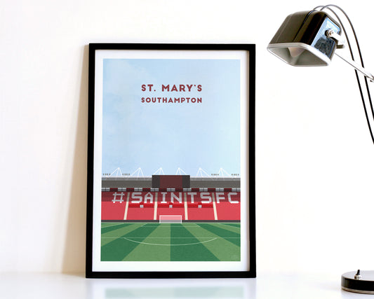 A modern style Southampton FC Print, featuring a contemporary illustration of their home stadium the St. Mary's Stadium in Southampton, displayed within a black frame.