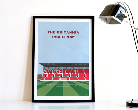 A modern style Stoke City Print, featuring a contemporary illustration of their home stadium the Britannia Stadium / Bet365 Stadium in Stoke-on-Trent, displayed within a black frame.