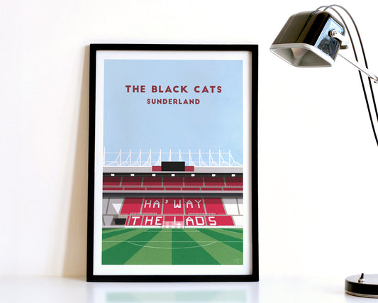 A modern style Sunderland Print, featuring a contemporary illustration of their home stadium the Stadium of Light in Sunderland, displayed within a black frame.
