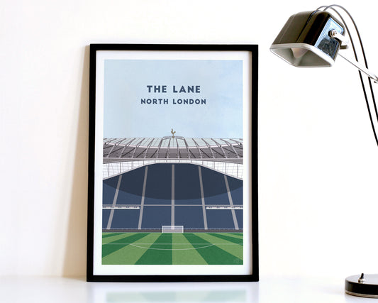A modern style Tottenham Hotspur Print, featuring a contemporary illustration of their home stadium the Tottenham Hotspur Stadium in North London, displayed within a black frame.
