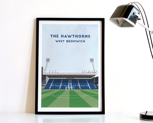 A modern style West Bromwich Albion Print, featuring a contemporary illustration of their home stadium The Hawthorns in West Brom, displayed within a black frame.