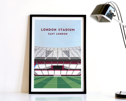 A modern style West Ham Print, featuring a contemporary illustration of their home stadium the London Stadium in East London, displayed within a black frame.