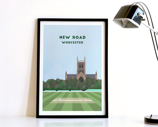 A modern style Worcestershire County Cricket Print, featuring a contemporary illustration of their home stadium the New Road in Worcester, displayed within a black frame.