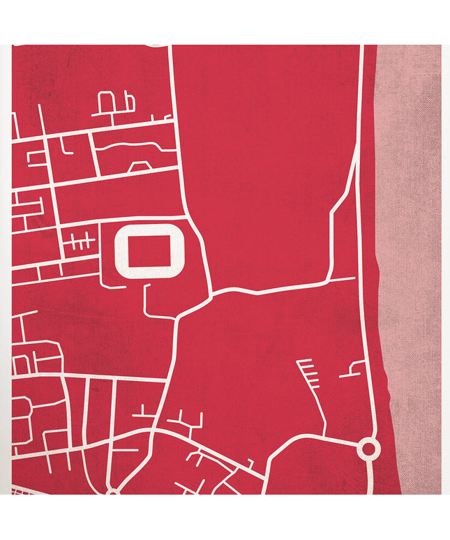 Zoomed in map print showing the location of Pittodrie, the home stadium to Aberdeen, amongst the road and rail network. 