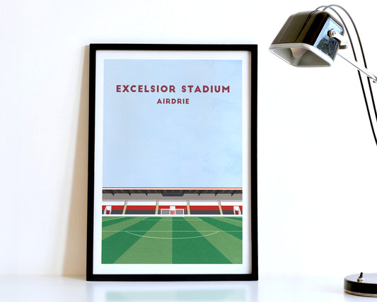 A modern style Airdrieonians Poster, featuring a contemporary illustration of their home stadium the Excelsior Stadium in Airdrie, displayed within a black frame.