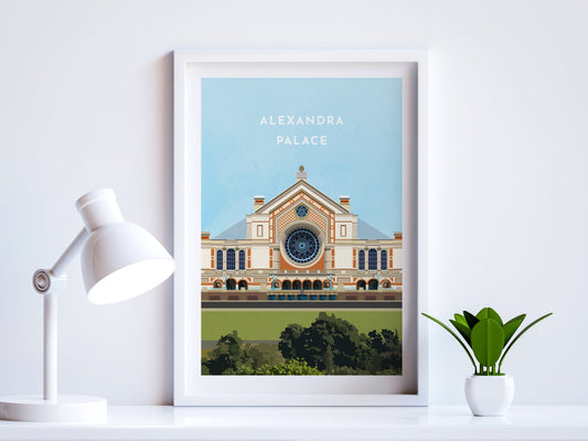 A contemporary style illustration of the Alexandra Palace, displayed as an art print within a white frame in a minimalist home office setting. 