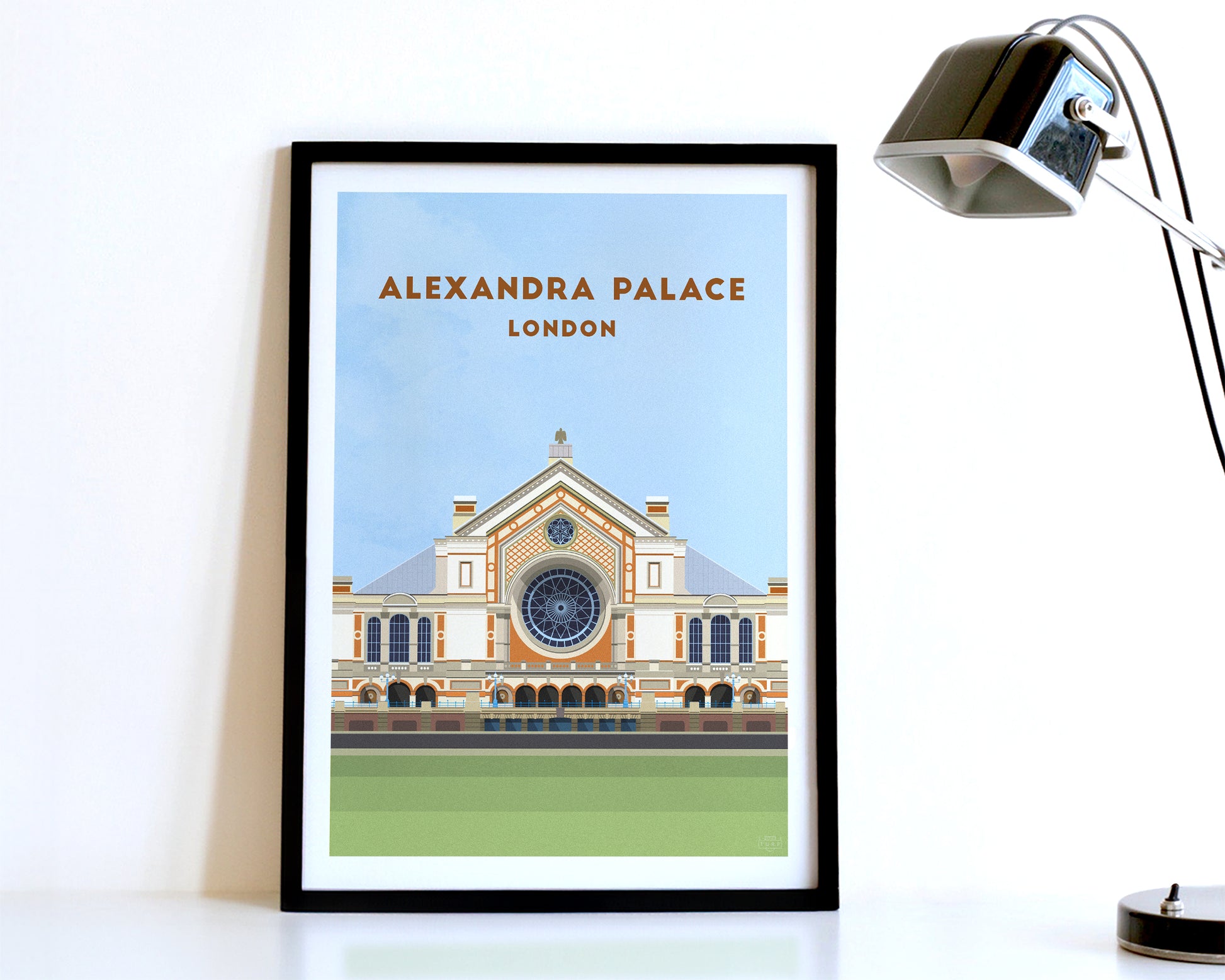 A modern style Alexandra Palace Poster, featuring a contemporary illustration of the North London Venue displayed within a black frame.