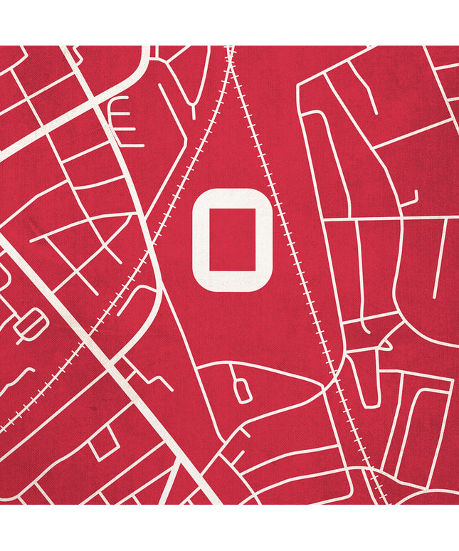 Illustrated map print of THE EMIRATES in NORTH LONDON, home to ARSENAL, showcasing a minimalist design with vibrant RED AND WHITE colours.