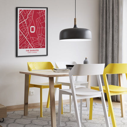 Framed illustrated map print of THE EMIRATES in NORTH LONDON, home to ARSENAL, showcasing a minimalist design with vibrant RED AND WHITE colours.