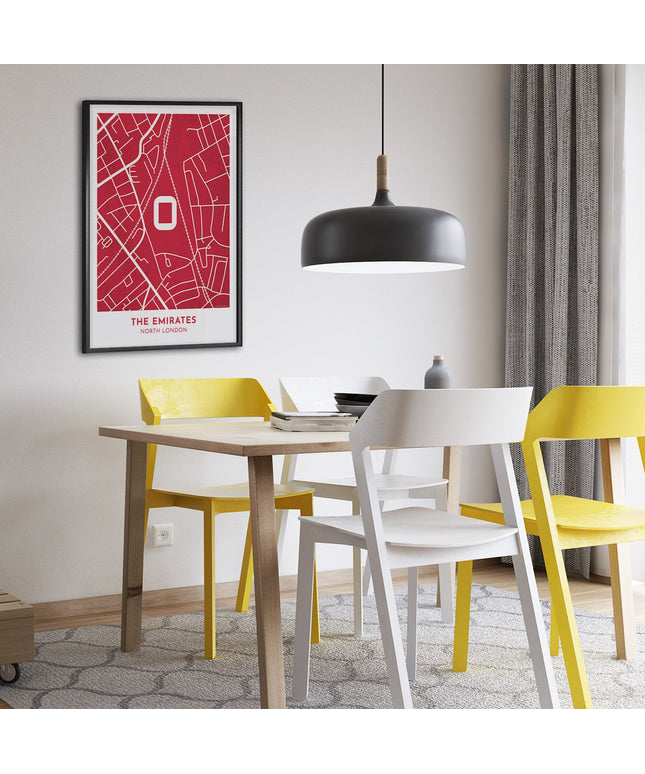 Framed illustrated map print of THE EMIRATES in NORTH LONDON, home to ARSENAL, showcasing a minimalist design with vibrant RED AND WHITE colours.
