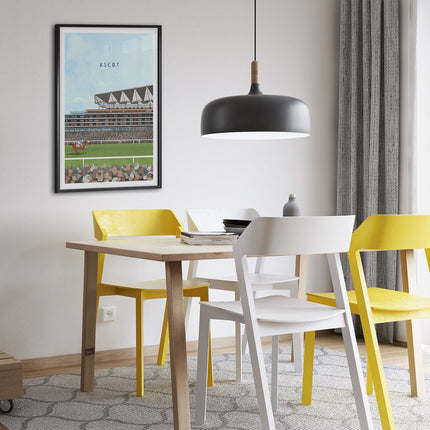 Framed illustration print of Ascot Grandstand in Ascot, home to British Horse Racing, showcasing a minimalist design with vibrant green turf, under a blue sky.