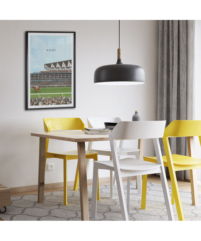 Framed illustration print of Ascot Grandstand in Ascot, home to British Horse Racing, showcasing a minimalist design with vibrant green turf, under a blue sky.