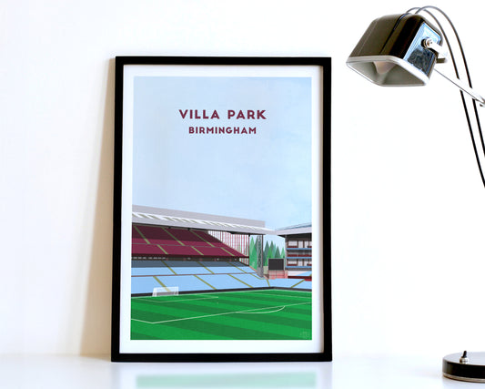 A modern style Aston Villa Poster, featuring a contemporary illustration of their home stadium the Villa Park in Birmingham, displayed within a black frame.