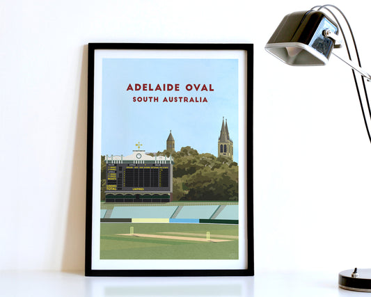 A modern style Adelaide Oval Cricket Poster, featuring a contemporary illustration of their home stadium the Adelaide Oval in South Australia, displayed within a black frame.