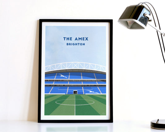 A modern style Brighton Print, featuring a contemporary illustration of their home stadium the Amex Stadium in Brighton, displayed within a black frame.