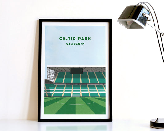 A modern style Celtic Print, featuring a contemporary illustration of their home stadium the Celtic Park in Glasgow, displayed within a black frame.