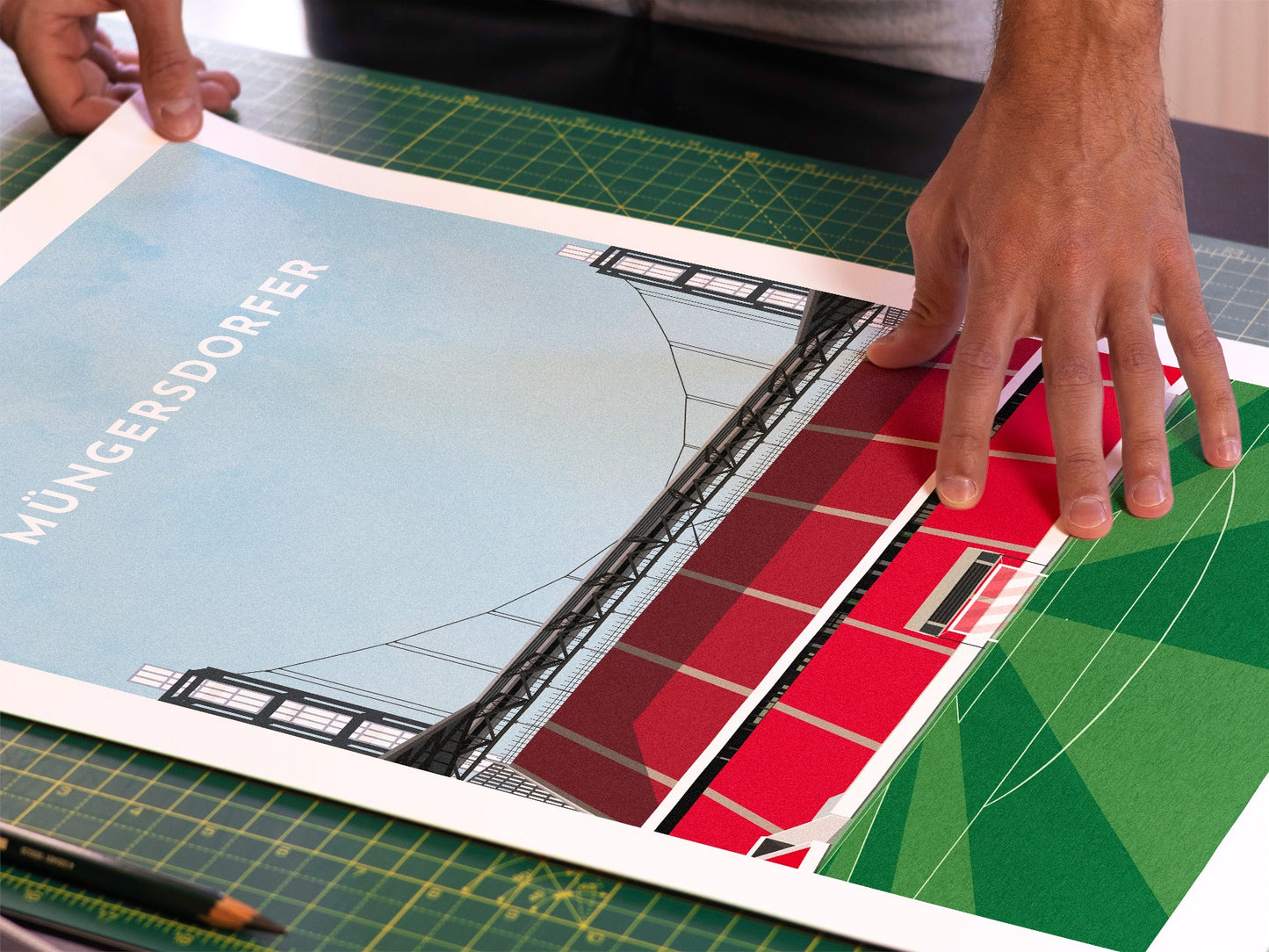 A photo in our printing studio, of one of our illustrated art prints of Müngersdorfer after it has been printed and is about to be packaged.
