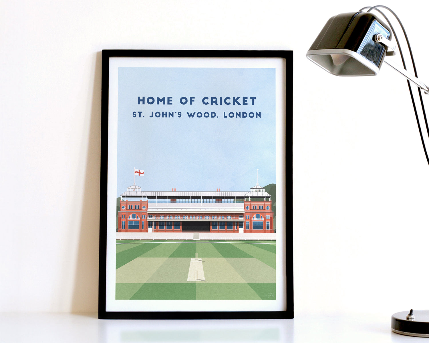 A modern style England Cricket Print, featuring a contemporary illustration of their home stadium the Lord's in St. John's Wood, London, displayed within a black frame.
