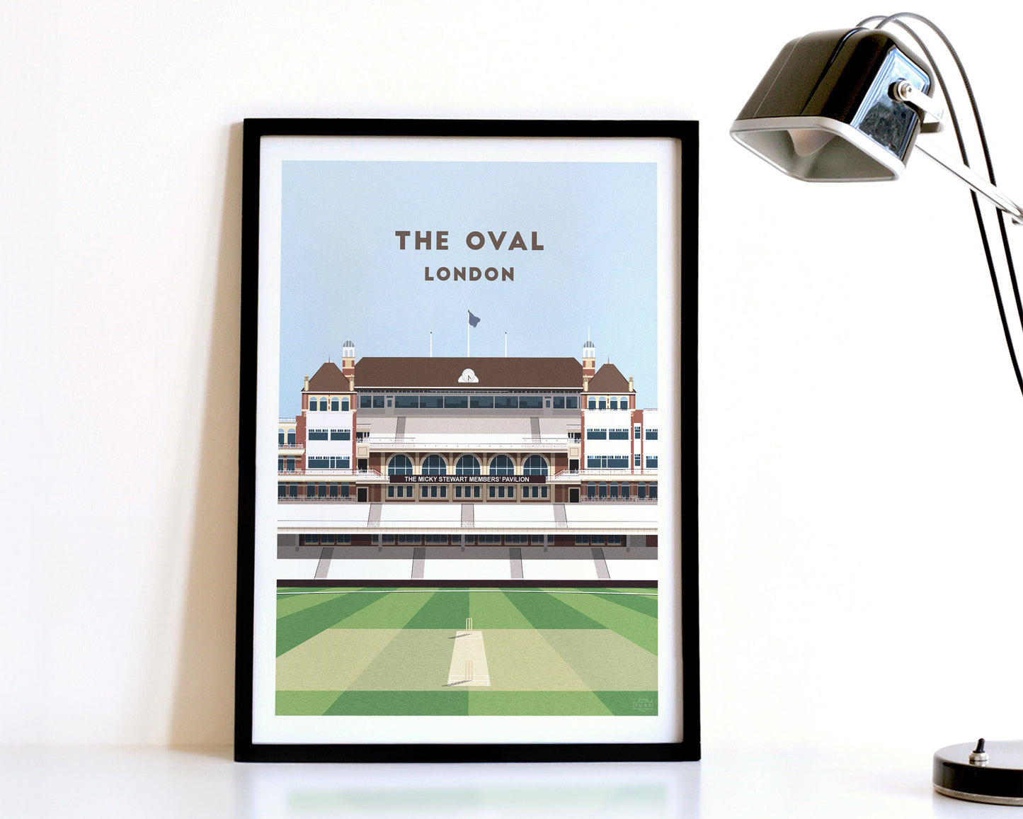 A modern style England Cricket Print, featuring a contemporary illustration of their home stadium The Oval in London, displayed within a black frame.