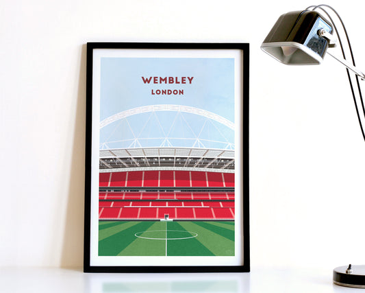 A modern style England Football Print, featuring a contemporary illustration of their home stadium the Wembley in North London, displayed within a black frame.
