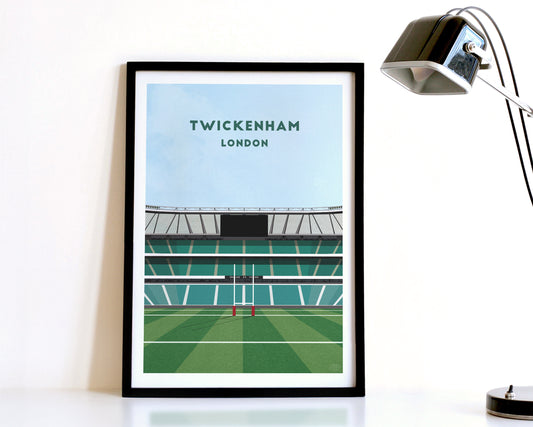 A modern style England Rugby Print, featuring a contemporary illustration of their home stadium the Twickenham in London, displayed within a black frame.