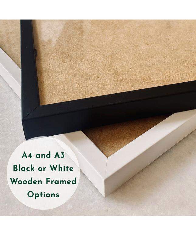 Close-up image showcasing black and white wooden frame options for prints, displayed on a light surface. Text overlay reads: A4 and A3 Black or White Wooden Framed Options