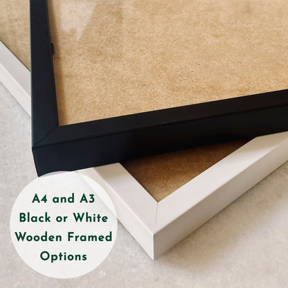 Close-up image showcasing black and white wooden frame options for prints, displayed on a light surface. Text overlay reads: A4 and A3 Black or White Wooden Framed Options