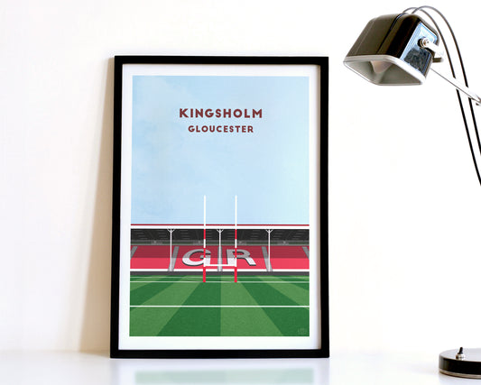 A modern style Gloucester Rugby Print, featuring a contemporary illustration of their home stadium the Kingsholm Stadium in Gloucester, displayed within a black frame.