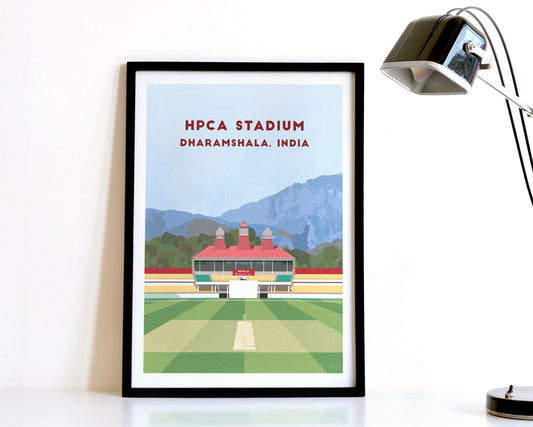 A modern style Himachal Pradesh, India Print, featuring a contemporary illustration of their home stadium the HPCA Stadium in Dharamshala, displayed within a black frame.