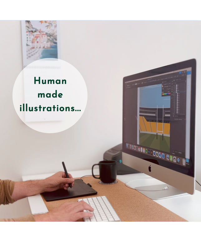 Photo of Ben, Turf Football Art illustrator, sat at his desk creating an illustration. Text overlay reads: Human Made illustrations...