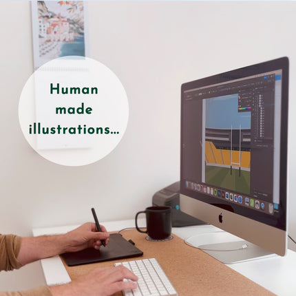Photo of Ben, Turf Football Art illustrator, sat at his desk creating an illustration. Text overlay reads: Human Made Designs. All designs are illustrated from a blank canvas.