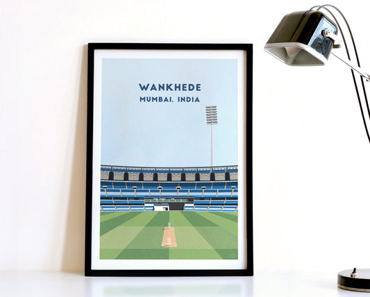 A modern style India Mumbai Cricket Print, featuring a contemporary illustration of their home stadium the Wankhede Stadium in Mumbai, India, displayed within a black frame.
