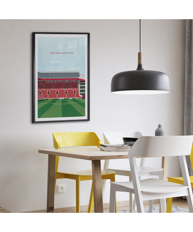 Framed illustration print of the Fritz-Walter Stadium in Kaiserslautern, home to Kaiserslautern Football Club, showcasing a minimalist design with vibrant red stands, green football pitch, under a blue sky.