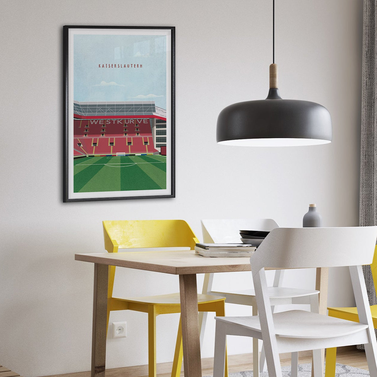 Framed illustration print of the Fritz-Walter Stadium in Kaiserslautern, home to Kaiserslautern Football Club, showcasing a minimalist design with vibrant red stands, green football pitch, under a blue sky.